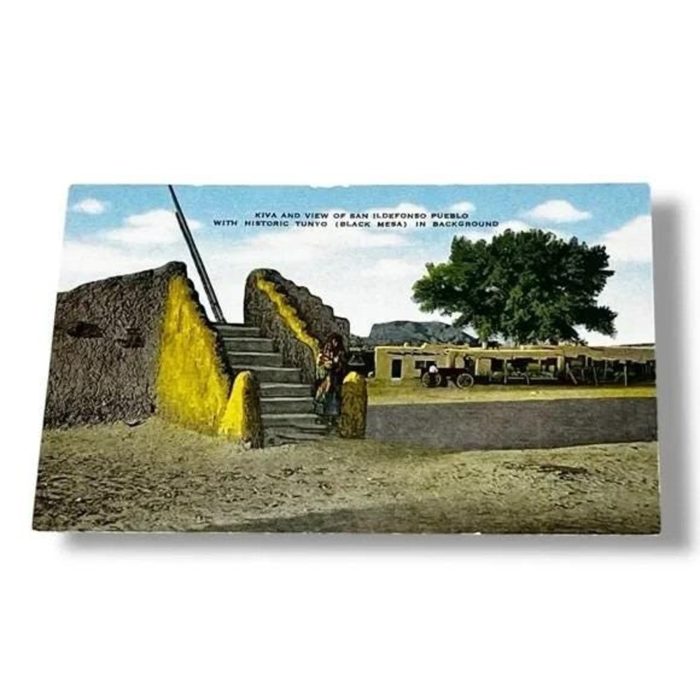 Postcard Kiva and View of San Ildefonso Pueblo New Mexico Linen Card C323